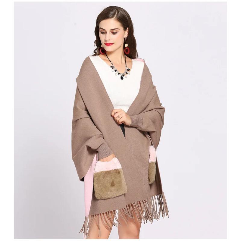 Winter Faux Cashmere Poncho Loose Streetwear Women Batwing Sleeve Shawl Capes Fur Pocket Female Oversize Tassel Knitted Cloak