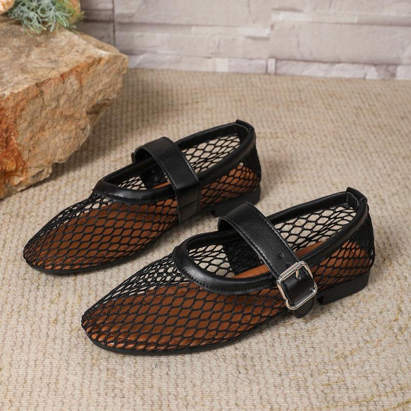 Mesh Flat Shoes Summer New Round Toe Shallow Mouth Breathable Cutout Metal Slip Strap Soft Sole Mary Jane Single Shoes