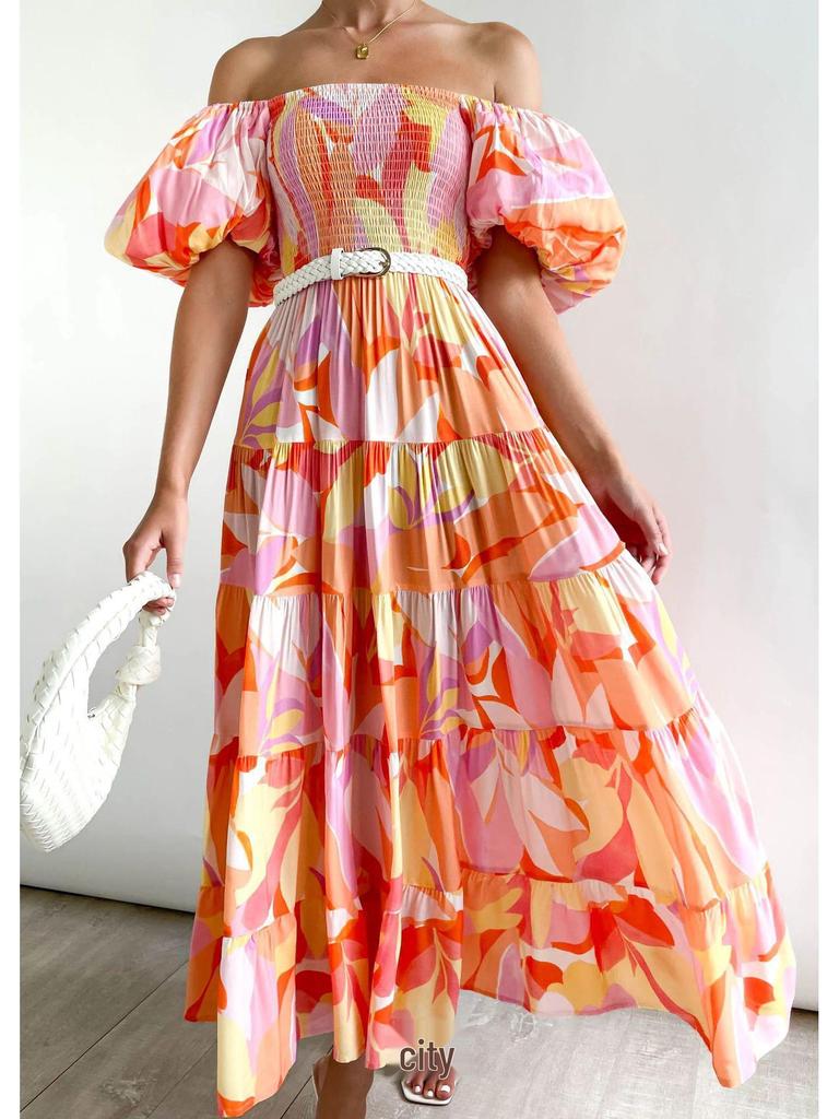 2024 Sommer Einseitiges Puffärmel Slim Langes Kleid