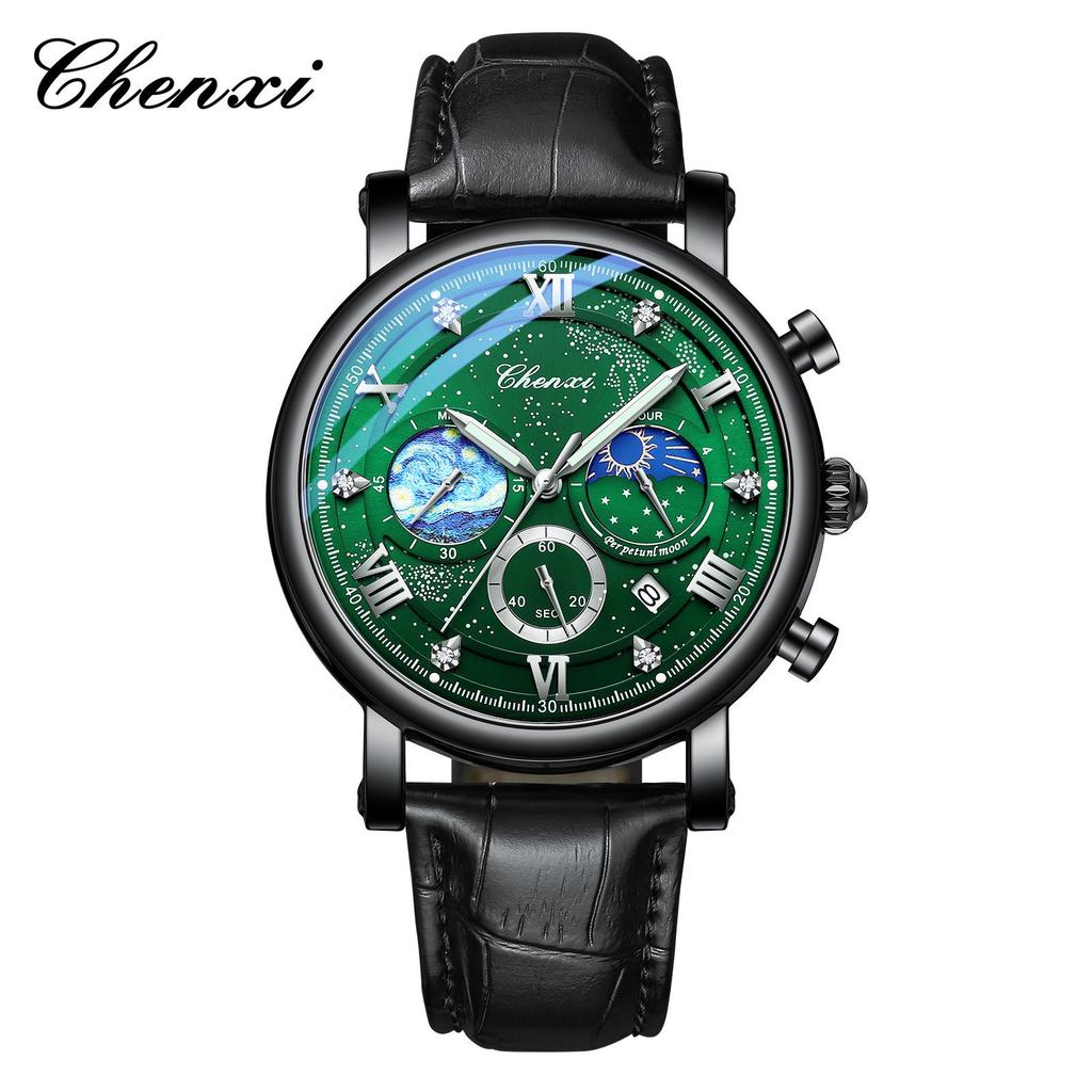 Dawn Sun Moon Stars Multifunctional Men's Quartz Watch with Luminous Moon Phase Chronograph