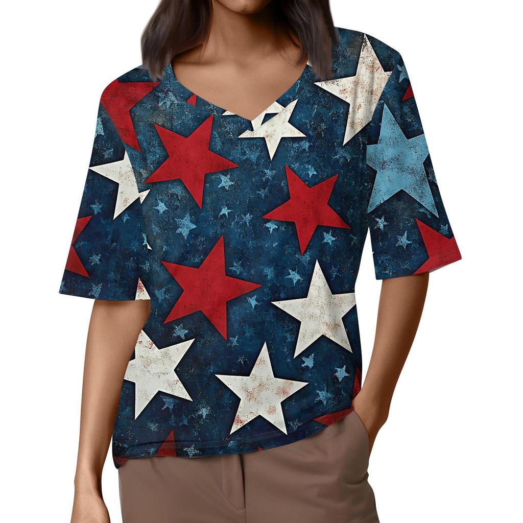 Women's V Neck T Shirts Half Sleeve Tops Printed Casual Summer Tees T Shirt Blouse
