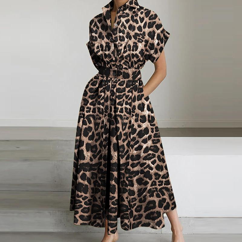 

ZANZEA Женское повседневное летнее платье с коротким рукавом и леопардовым принтом, с отложным воротником 3XL хаки