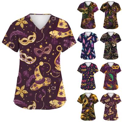 Women's Fashion Short-Sleeve Carnival Print V-Neck Pocket Workwear Top