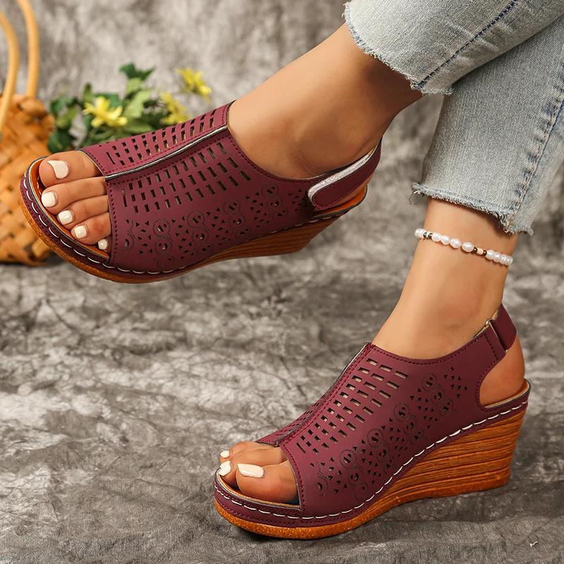 Fashion Hollow Out Wedge Heel Sandals for Women Summer 2025 Fashion Peep Toe Platform Sandalias Mujer Comfortable Non Slip Beach Shoes