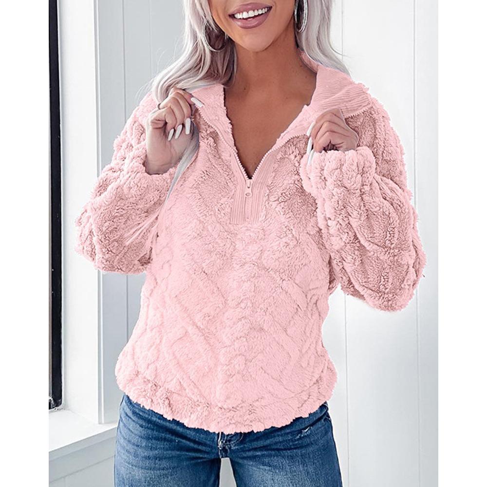 GMXIA Φθινοπωρινό Χειμώνα Απλή μονόχρωμη βάση με μισό φερμουάρ γιακά Φαρδύ βελούδινο πουλόβερ με κουκούλα