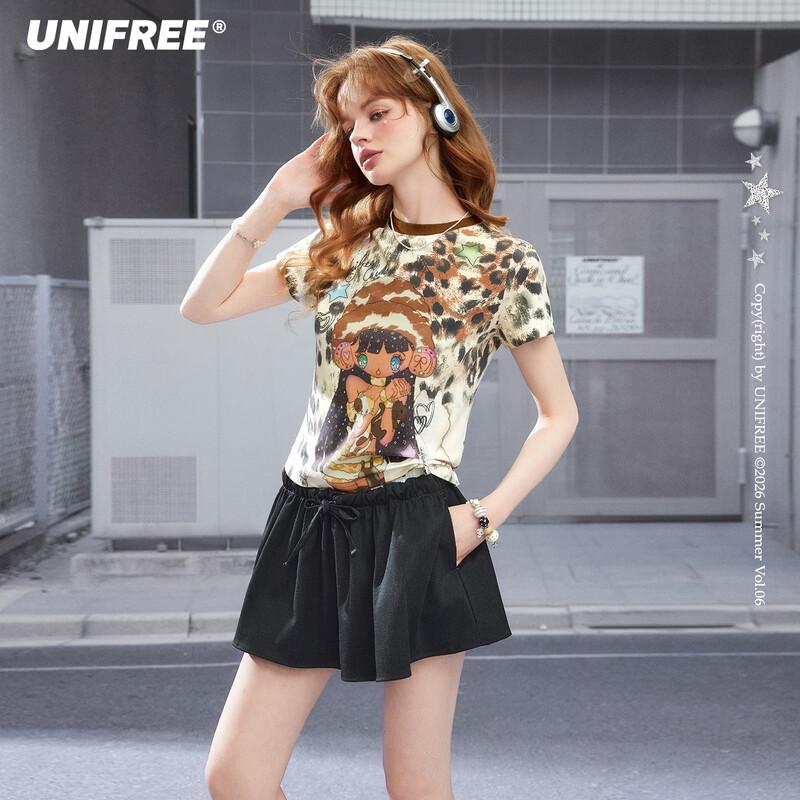 UNIFREE Sweet Cool Cartoon Print Round Neck T-shirt M
