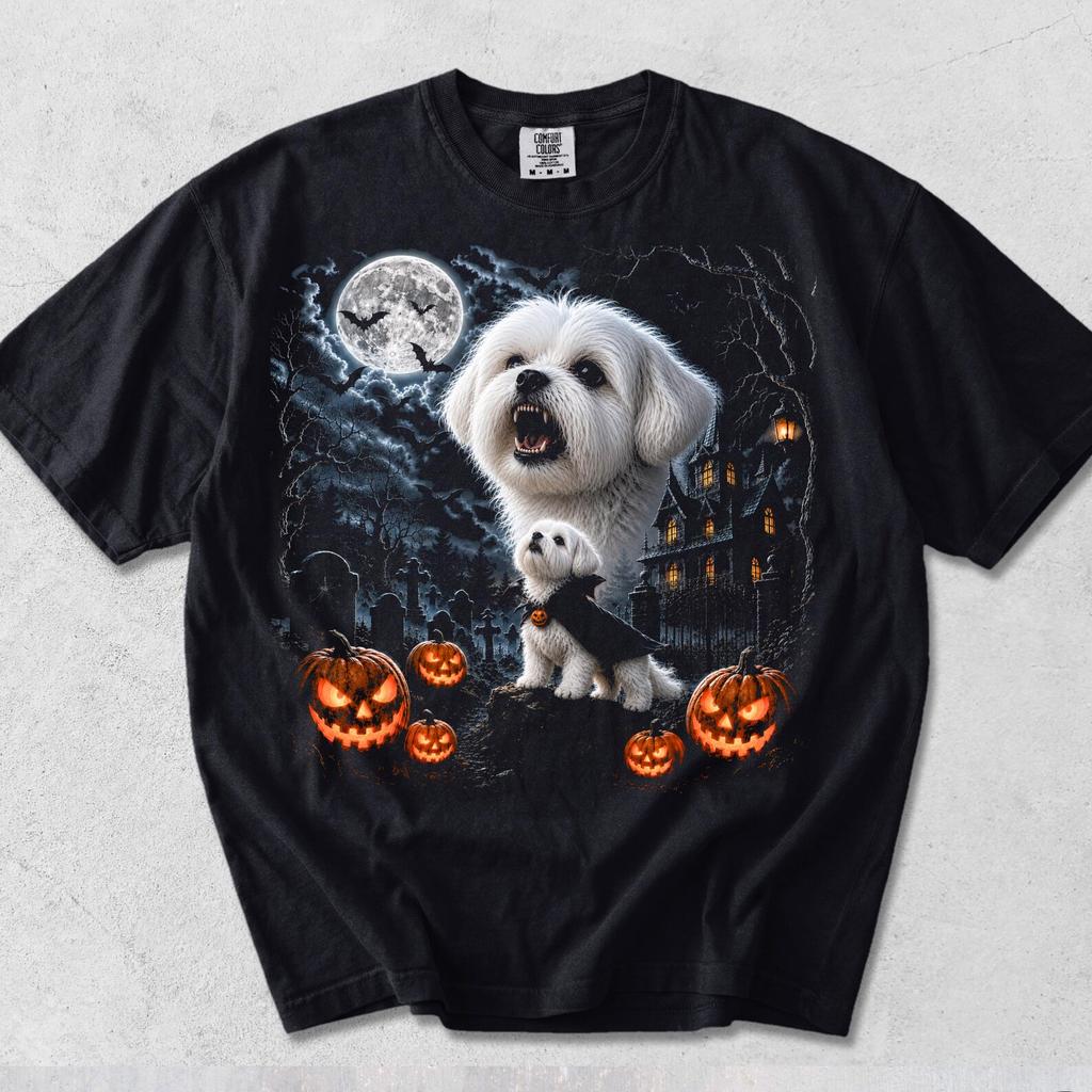 Funny Maltese Howling Moon Halloween T-Shirt,Halloween Dog Graphic Tee,Spooky Dog Shirt,Cute Fall Dog Halloween Shirt,Pet Lover Gift