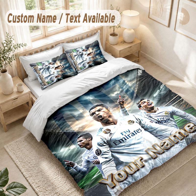 Custom Name Bedding Set 3 PiecesCristiano Ronaldo Print Duvet Cover + 2 Pillowcases Soft Bed Decor