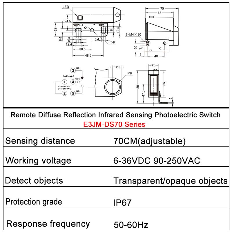 E3JM-DS70 AC/DC Five Wires 70CM Sensing Distance Long-distance Diffuse Reflection Infrared Photoelectric Switch Sensor