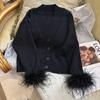 Spring and Autumn New Ostrich Feather Long Sleeve Sweater Fashion Temperament V-Neck Skinny Black Knitted Sweater Cardigan