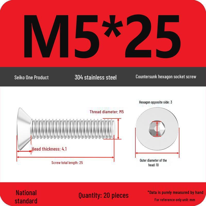 Complete Set of 304 Stainless Steel Countersunk Hex Socket Cap Screws, Flat Head Bolts, and Machine Screws (M2-M10)