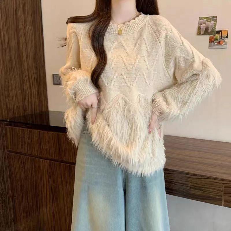

Plus Size Faux Mink Tassel Jacquard Sweater - Autumn/Winter, Slimming Pullover with Round Neck S абрикосовый