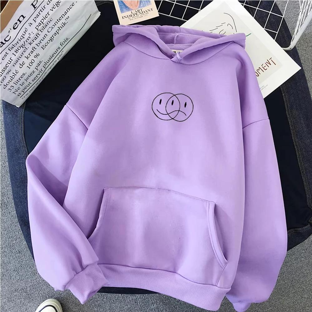 2025 Student Sportswear Tops Smile Sad Face Streetwear Sweatshirt Women Casual Pullover Hip Hop Long Sleeve Line Print Hoodie