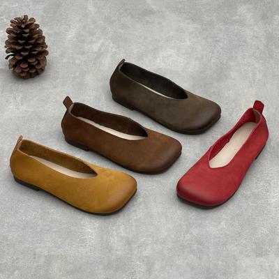 Genuine Leather Shallow Slip-on Shoes Casual Square Toe Comfortable Soft Soled Women's Flats