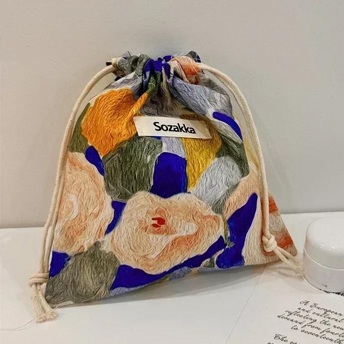 Floral Print Drawstring Coin Purse for Children Girls Makeup Bag Travel Organizer Keys Earphone Bag Makeup Pouch Cute Mini Purse