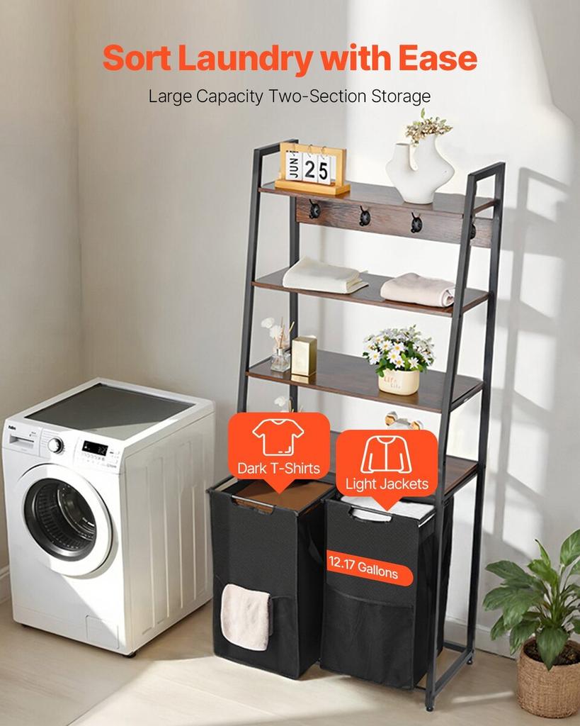 4 Tiers Laundry Sorter Tall Laundry Hamper with Shelves & Hooks 2 Section