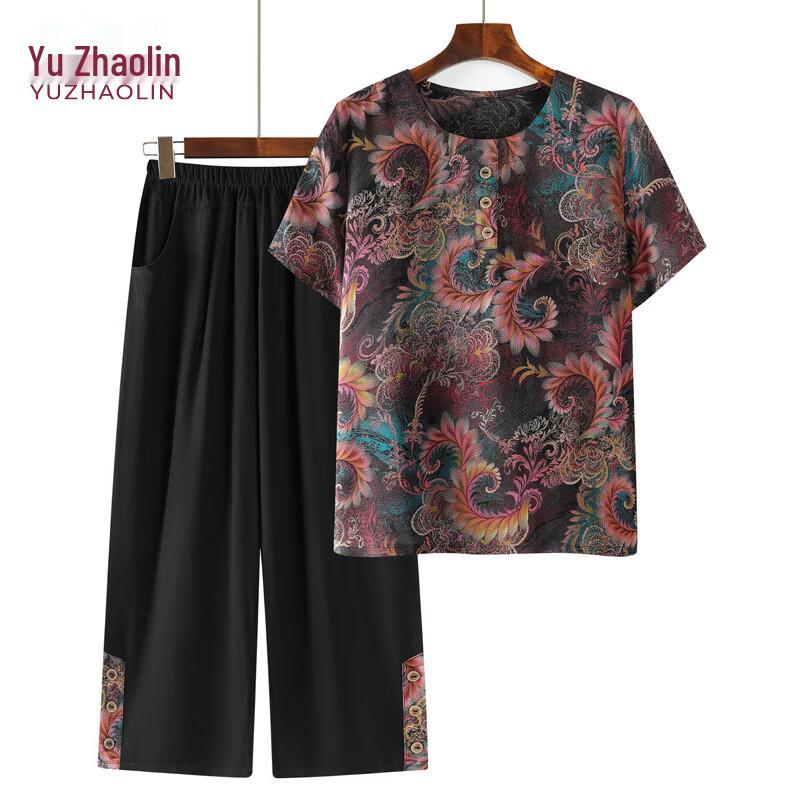 Yuzhaolin Mid-Aged Women s Floral Short-Sleeve Two-Piece Set 2XL