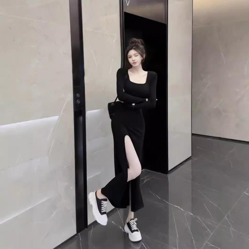 Elegant Long Slit Hepburn Black Dress for Autumn