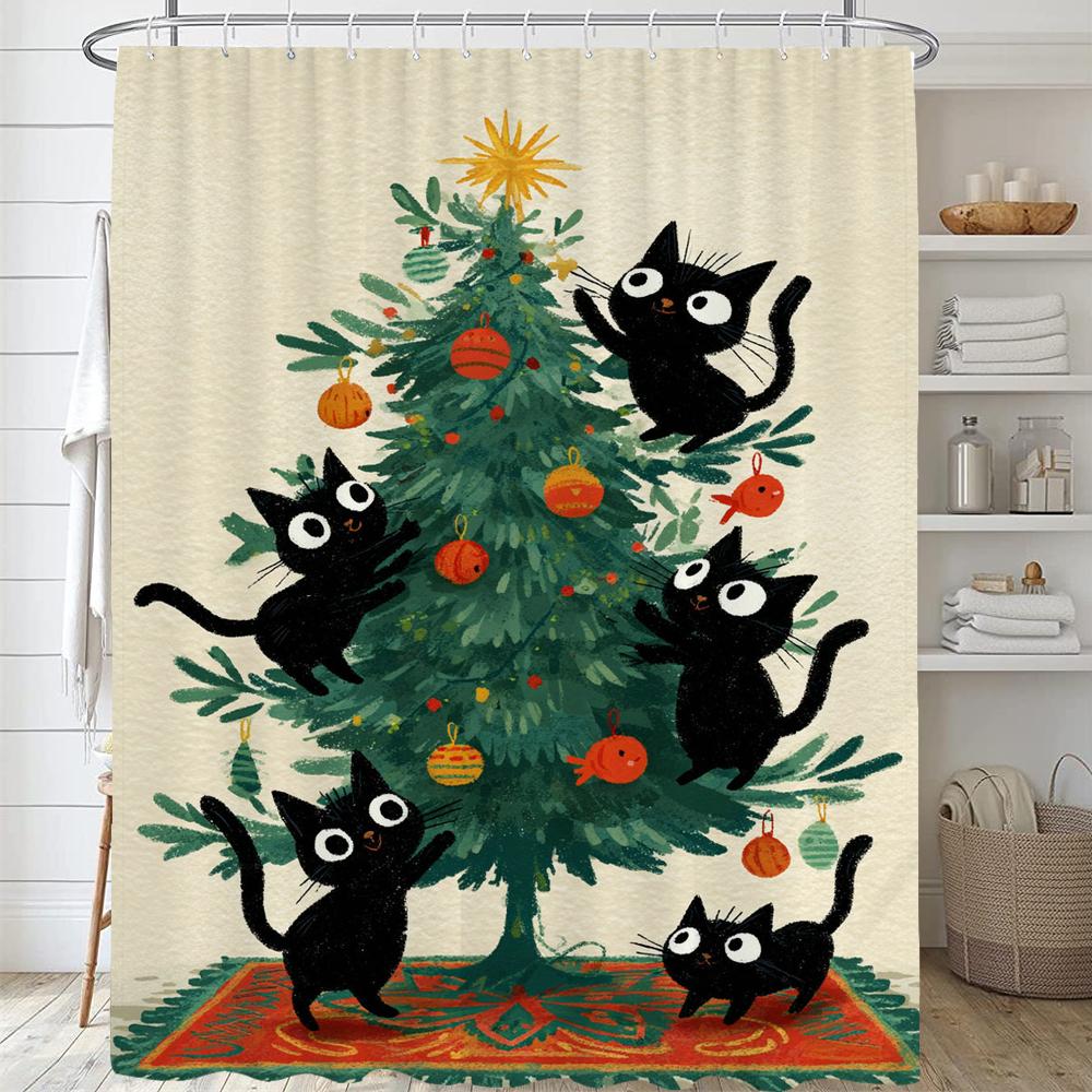 Christmas Shower Curtain,Winter Christmas Shower Curtains for Bathroom,Cute Christmas Cat Shower Curtain,with Hooks
