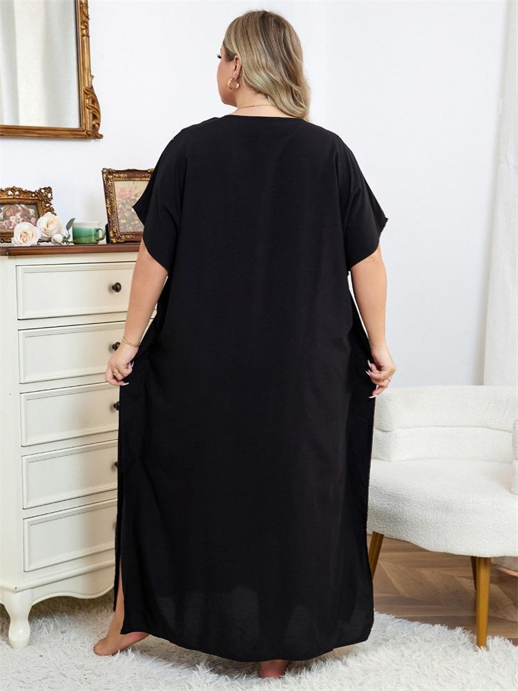 EDOLYNSA Vintage V-neck Gold Eagle Embroidery Plus Size Black Kaftan Robe Women's Long Dress Summer Holiday Beachwear Swimsuit Coverup Q1682