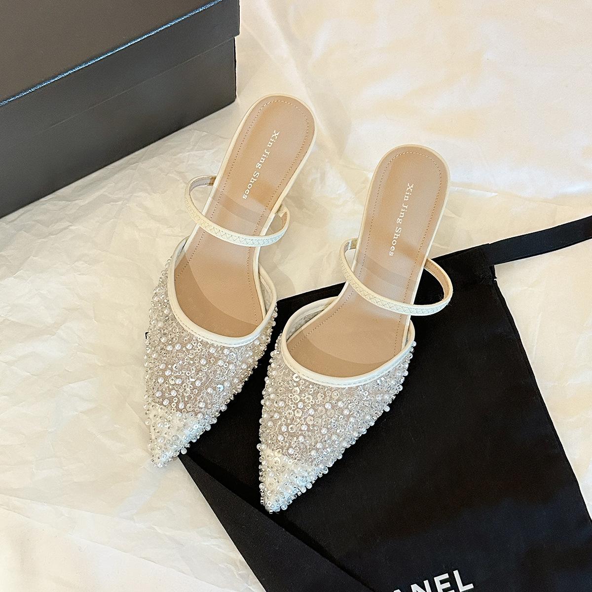 

699-205 Черные вечерние туфли-лодочки на высоком каблуке с пайетками, женские, с острым носком, с мелким вырезом, одинарные, модные, с темпераментом, на шпильке 40