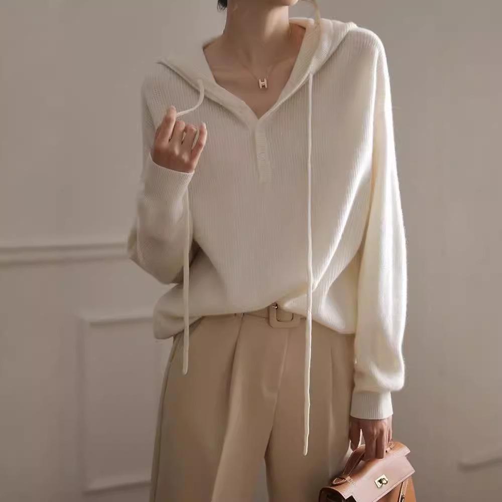 Women's Solid Wool Knit Hooded Sweater - Autumn/Winter Loose Slimming Pullover