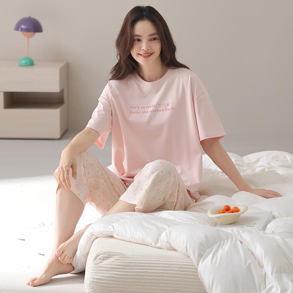 Short-sleeved Cropped Pants Pajamas Women's Spring and Summer New Pure Cotton Summer Thin Large-size Loungewear Suit