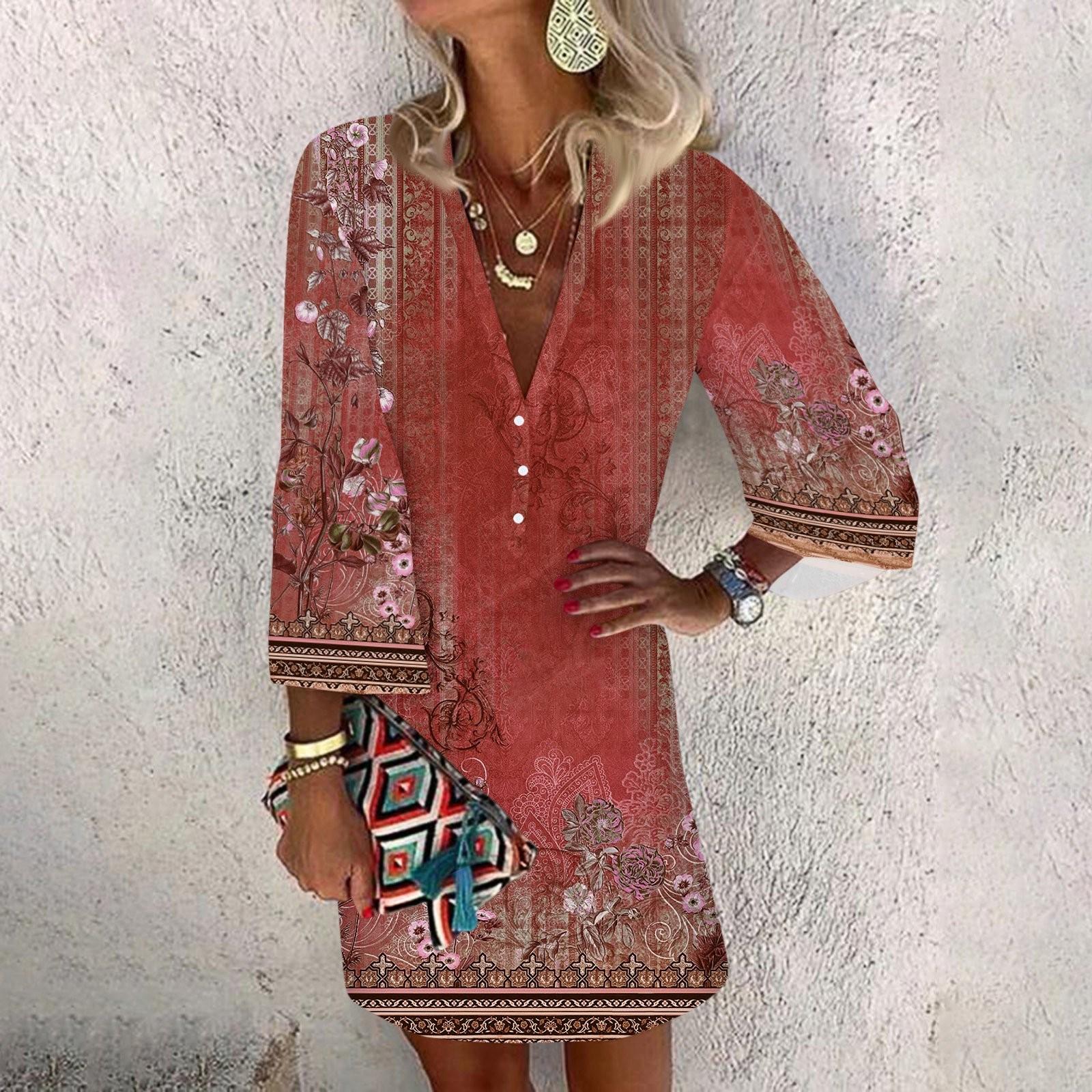 

Dresses For Women Casual V Neck Casual Three Quarter Sleeve Dress Button Sundress M винний