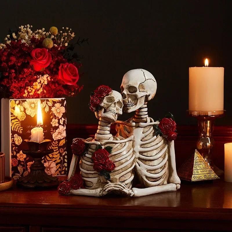 Creative Resin Couple Skeleton Model Sculpture Ornaments Living Room Bedroom Foyer Tabletop Halloween Decoration Accessories
