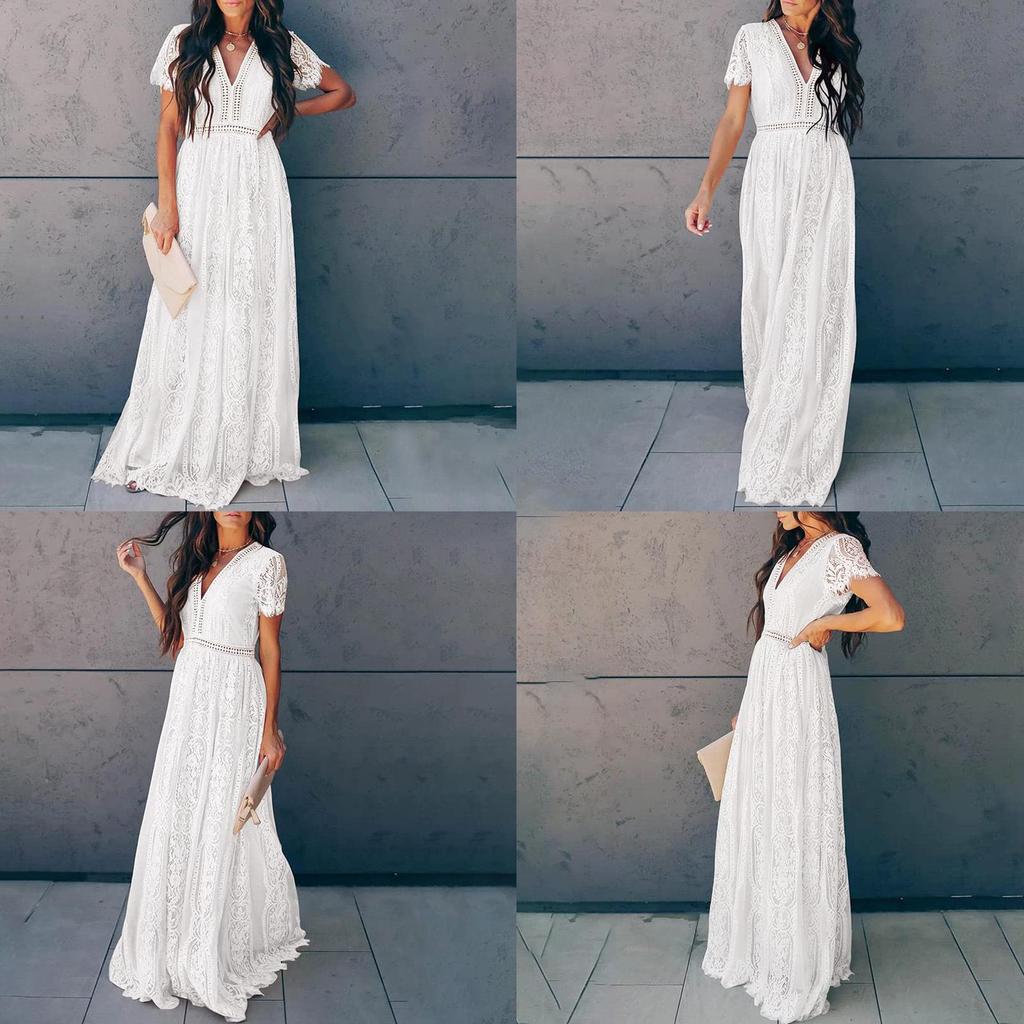 European & American Lace V-neck Short Sleeve Dress
