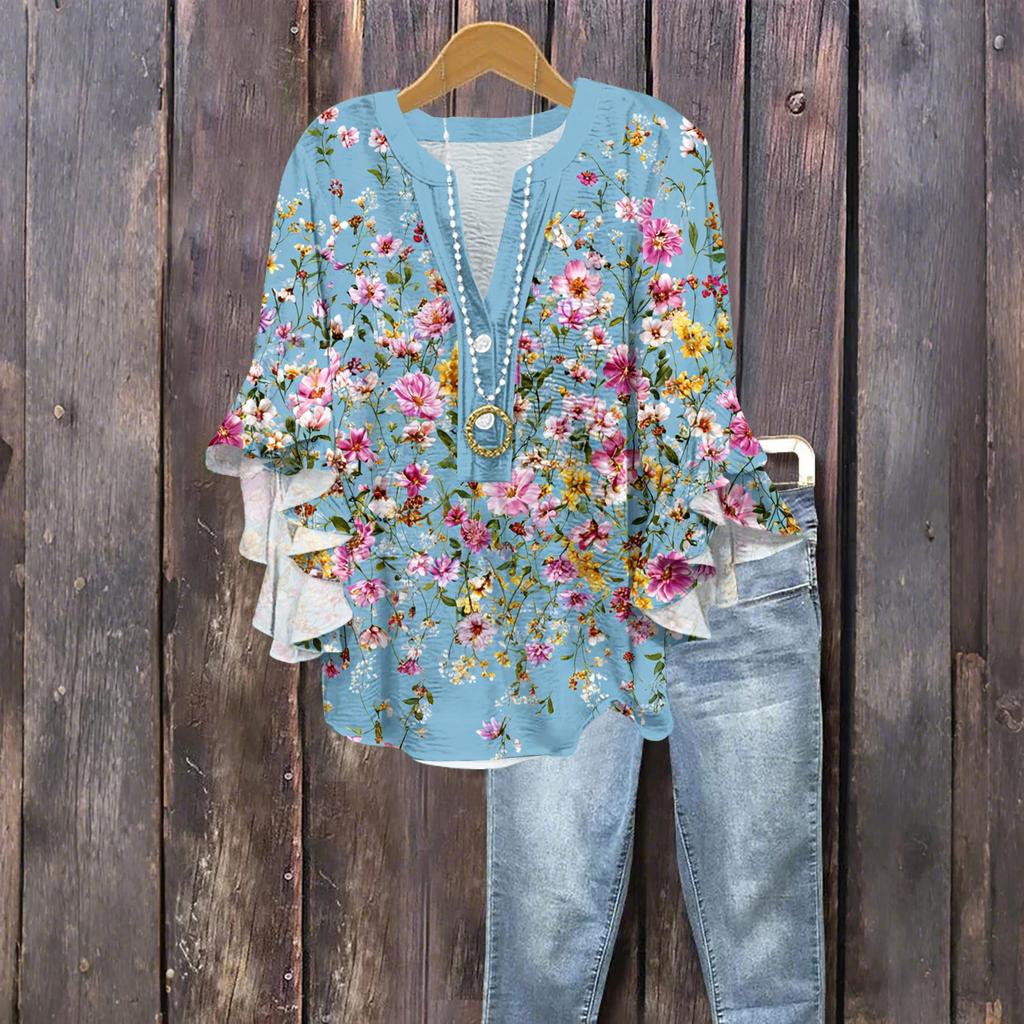Women's Fashion Button V-Neck Ruffle Seven Sleeve Blouse Floral Printed Top