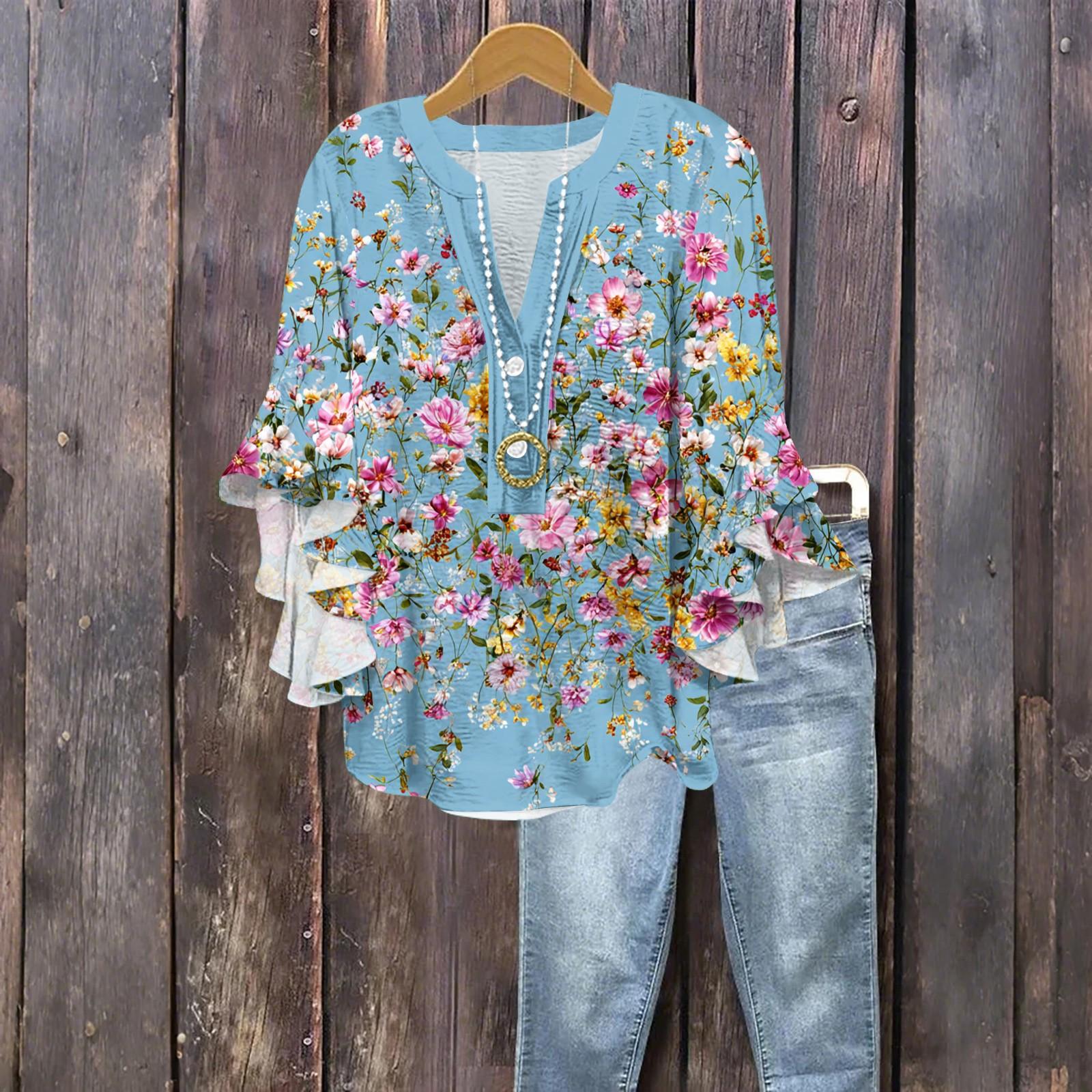 

Женская модная блузка на пуговицах с V-образным вырезом, с оборками и рукавами семь восьмых, топ с цветочным принтом XXL