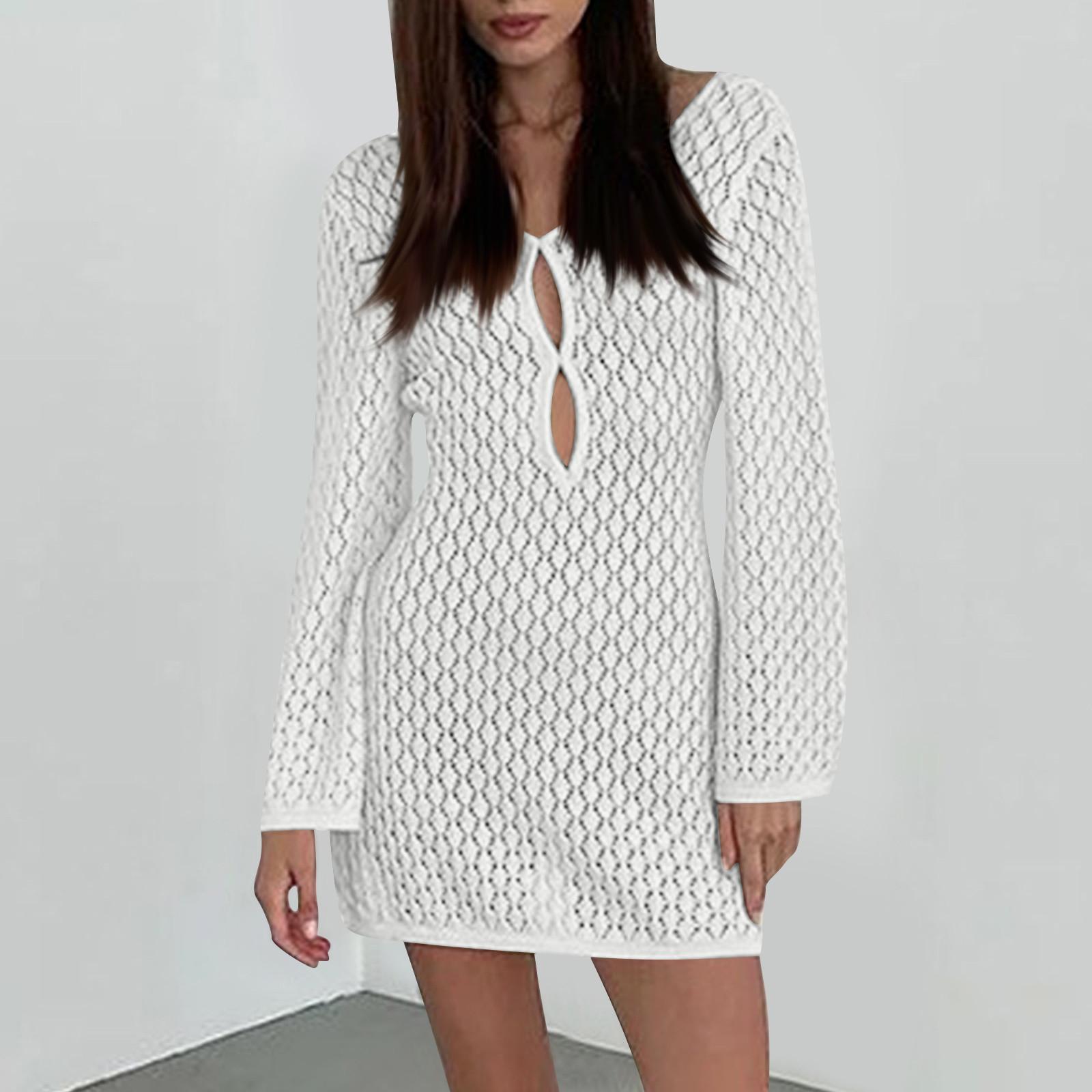 

Женское короткое пляжное платье, сплошной цвет, вязаный купальник с вырезами, солнцезащитная одежда M белый