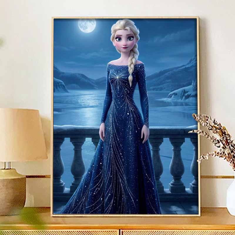 Disney Diamond Art Painting Kit – Elsa Blue Gown Sparkling Craft, Home Wall Decor, Handmade Gift