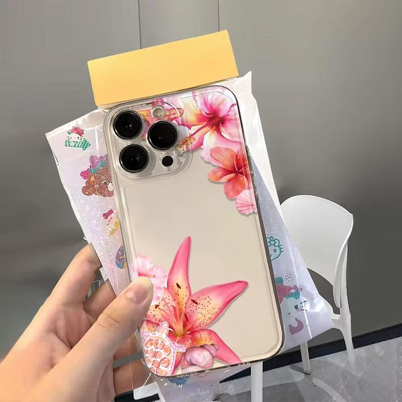 Pink flowers Pattern Clear Phone Case for iPhone 17 Pro Max 16 15 Pro 14 13 12 11 XR 17Air 16 Plus Silicone Cover