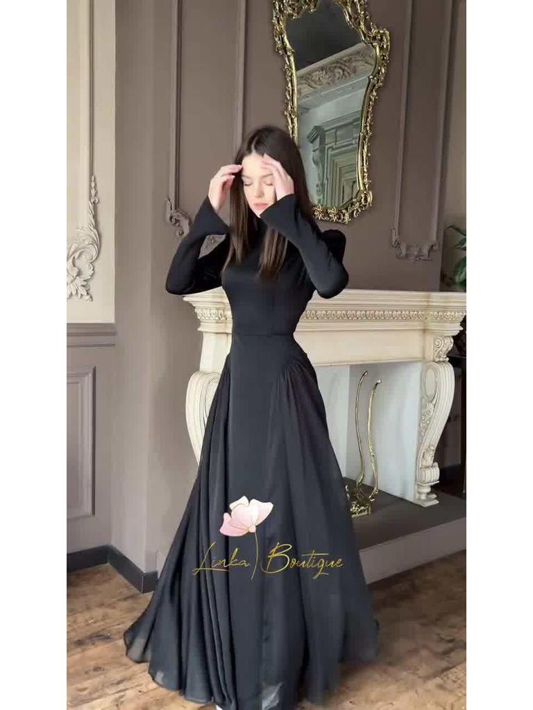 Elegant European & American Black Spring Long-Sleeve Dress, Round Neck, 2025 Style.