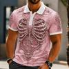 Men Halloween Skeleton 3D Printed Short‑Sleeve Collared Polo Shirt Buttons Casual Athleisure Spring Summer Daily Festival Outfit