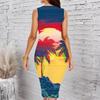 Women Plus Size Sleeveless Round Neck Midi Bodycon Dress Underwater Coral Fish Print Slim Fit Dress
