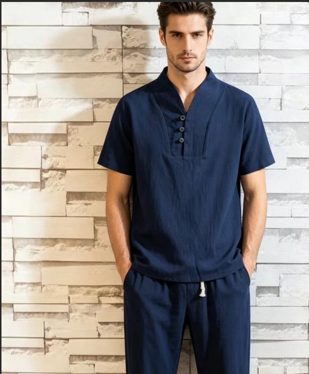 Mens Solid Casual Short Sleeve T Shirt Nine Quarter Pants Two Piece Set