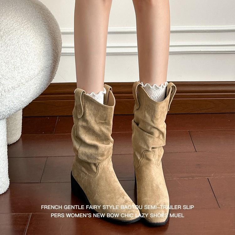 Lan Cabinet Edition~ Frosted Suede V-mouth Western Cowboy Boots Women's Retro Wind Middle Boots High Heel Sleeve Stacking Boots