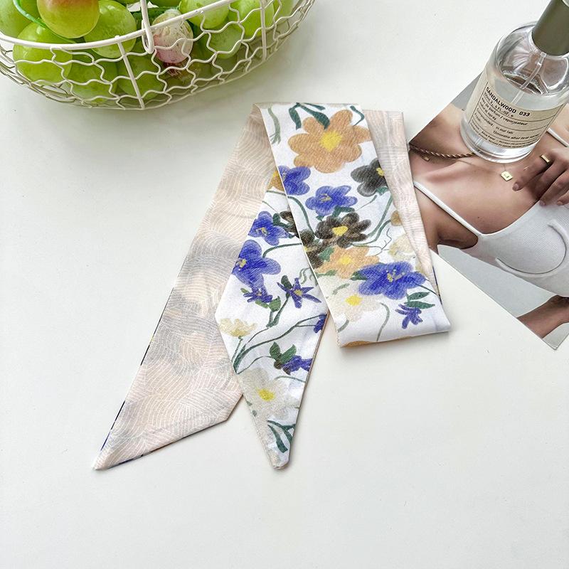 2025 Korean Fashion Flowers Pattern Women Twill Decorative Ribbon Small Scarf Binding Bag Handle Ribbon Hair Band Small Scarf