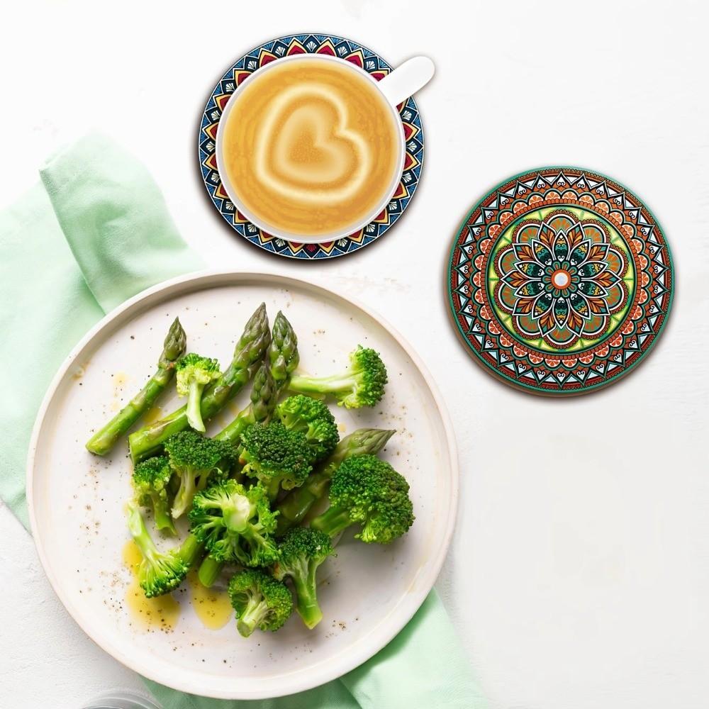 Retro Holz Mandala Untersetzer Set Rund Hitzebeständig Katzen-Thema Tassenunterlage Partyzubehör Getränkeunterlagen für Bar, Büro, Heimdekoration