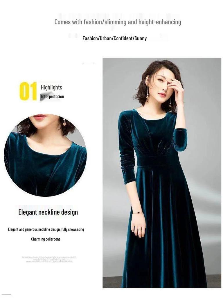 Noblewoman Autumn Golden Velvet Cinched Waist Long-Sleeved Dress with Large Hem
