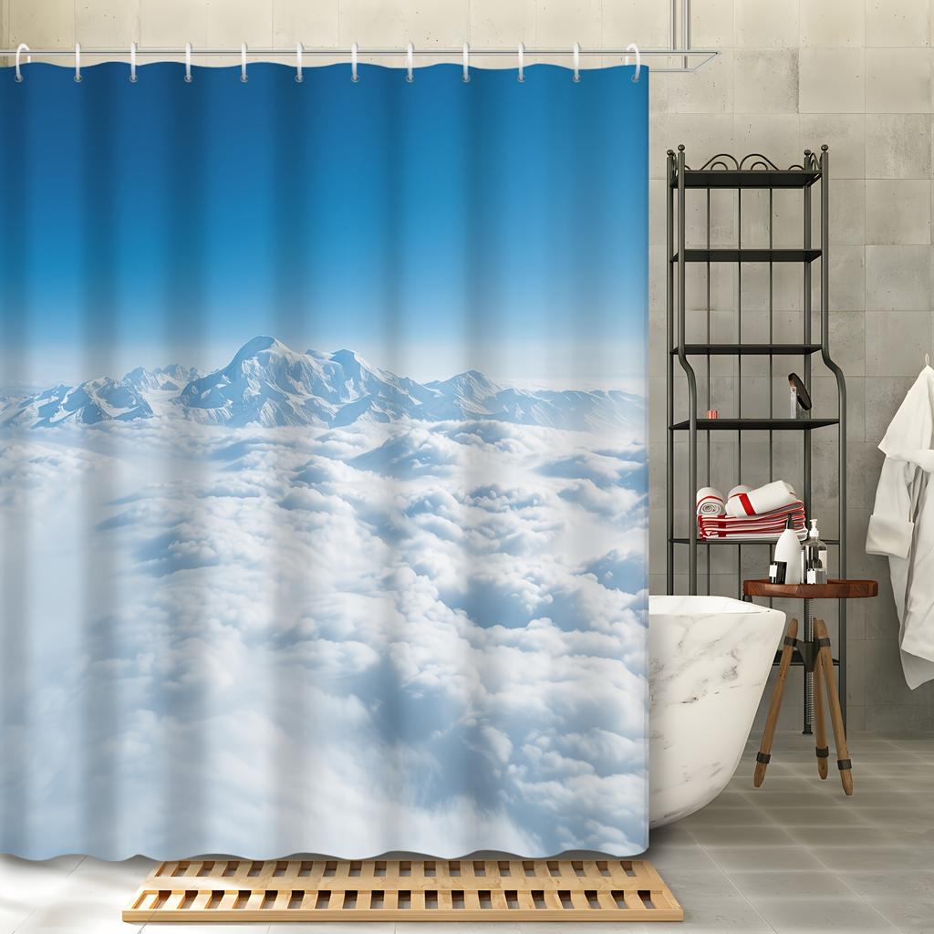1pc Serene Mountain & Cloud Landscape Shower Curtain - Polyester, Washable, Grommet Top with Hooks, All-Season Decor for Bathroo