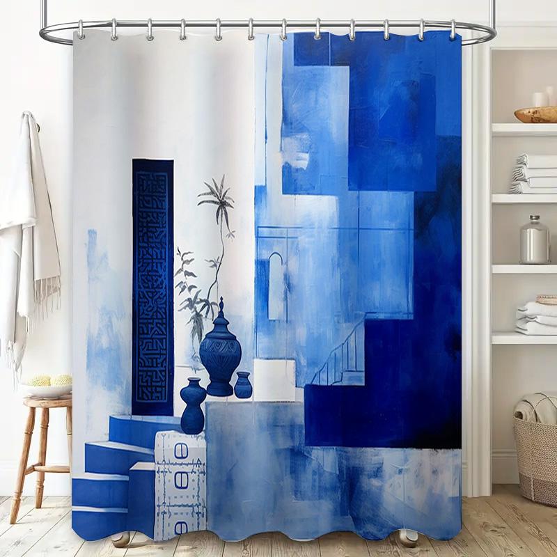 Modern Blue Bath Curtain Decorative Shower Curtain Set For Bathroom High-Quality 100% Waterproof Polyester Fabric Customizable S
