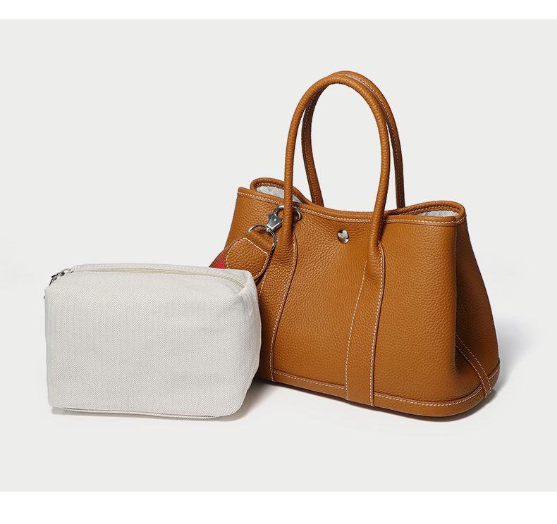 2025 Cowhide Lychee Pattern Garden Bag: Women's Color Block Wide Shoulder Strap Handbag
