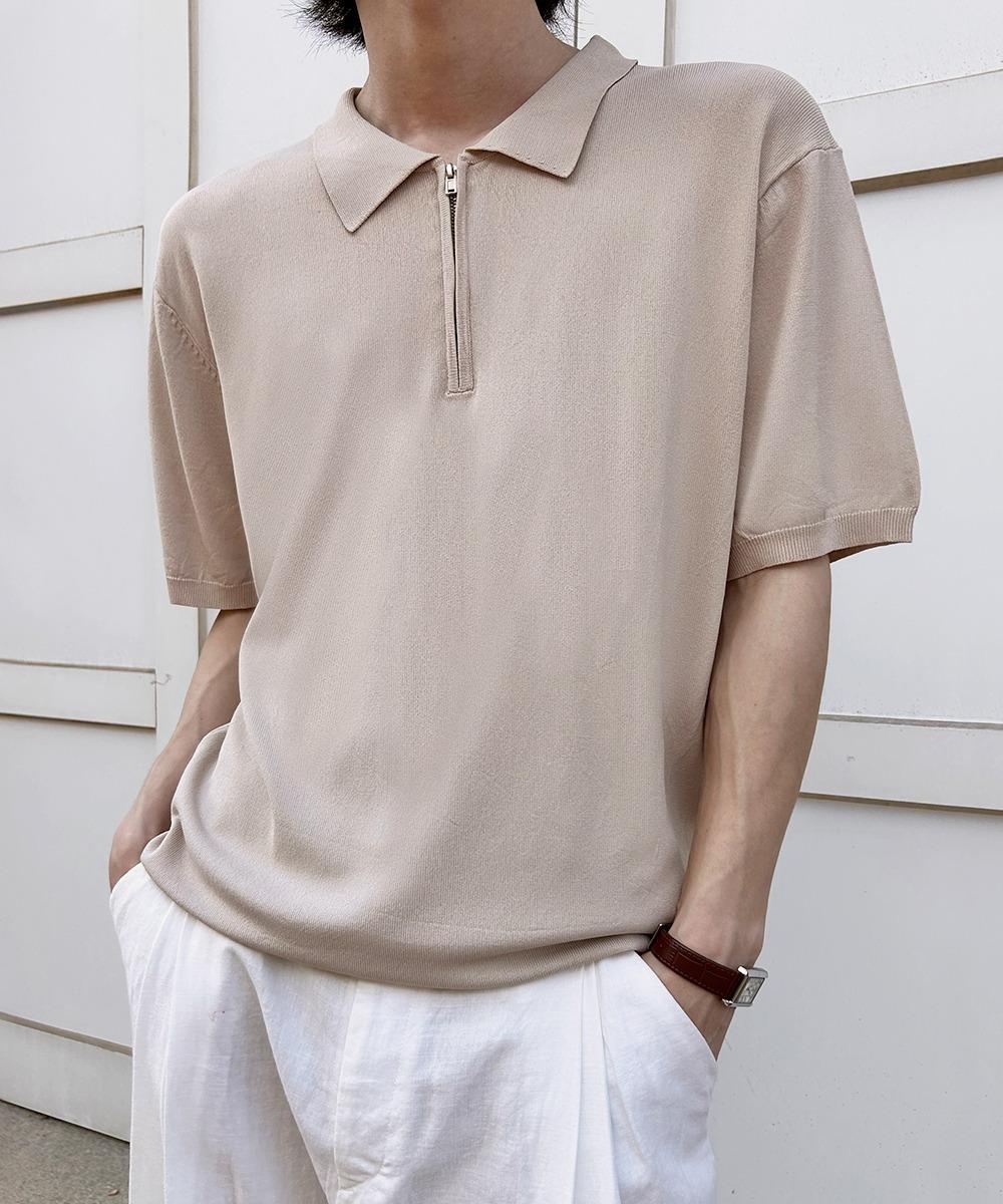 Age O.D. Washable Half-Zip Collared Short-Sleeve Knit [Beige] Beige/L