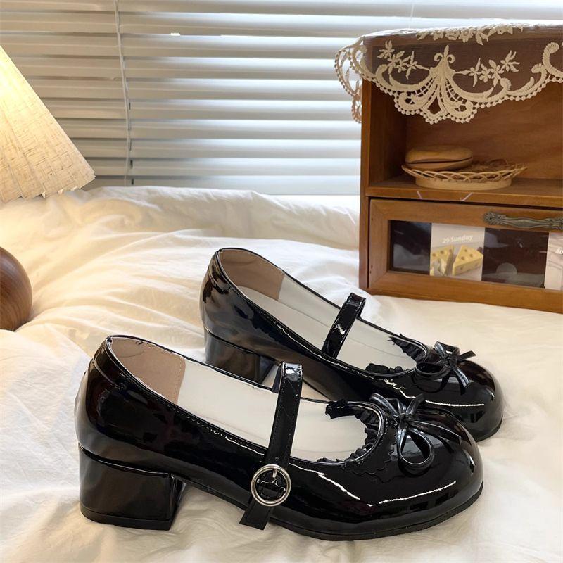 2025 New Fashion Lolita Style Cute Round Head Jane with Bow Women's Sweet Party Dress Midi Heels Mary Jane Shoes Women's Loafers