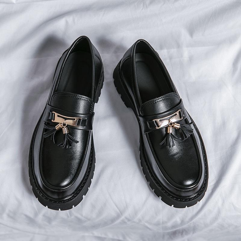 Men's Black Tassel Leather Slip-On Shoes - Autumn New Style Thick Sole, Big Toe, Fashionable Casual Low-Top
