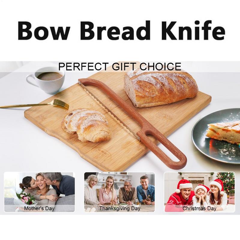 Bread Bow Cutter Serrated Bagel Cutter Stainless Steel Sourdough Bread Slicer Portable Bread Cutting Tool with wooden Handle